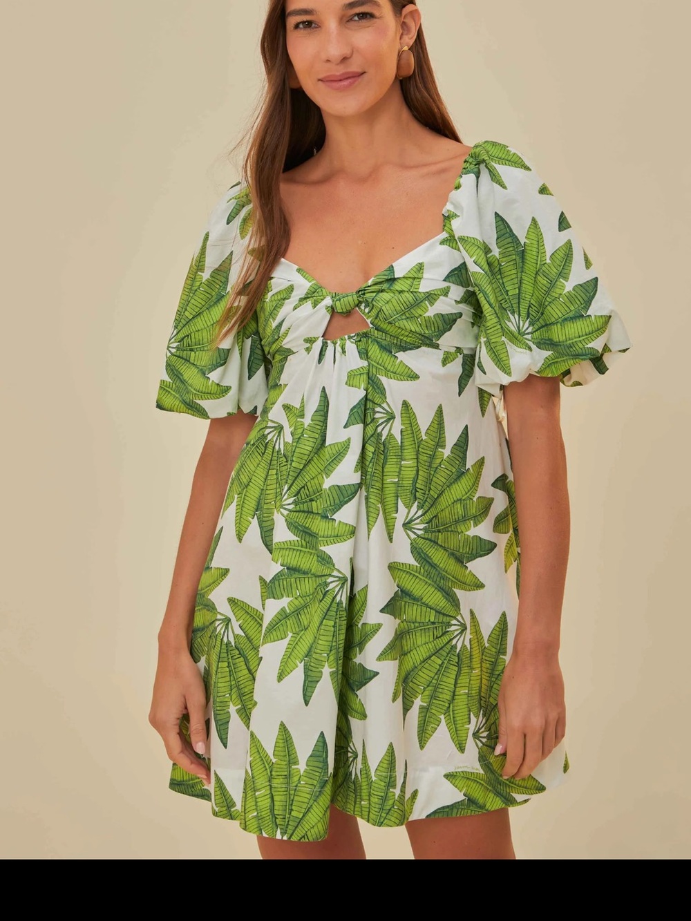 Farm Rio Green Leaf Print Puff Sleeve Women's Dress